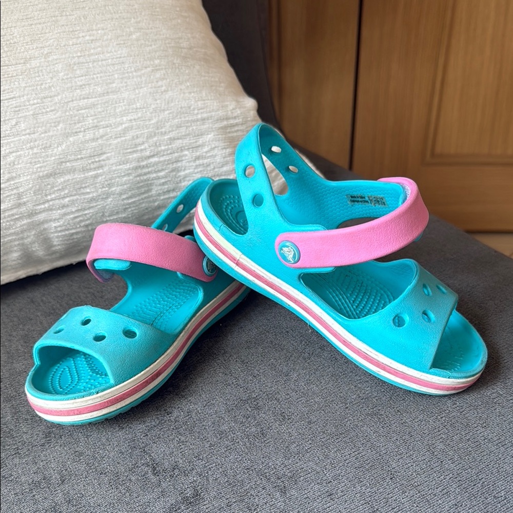 Kids Aqua and Pink Crocs Sandals